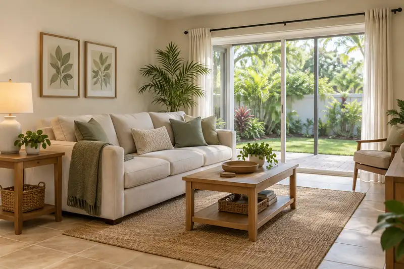 Illustrative rental living room with natural light and a view of the garden.